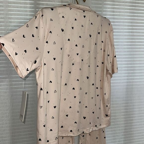 Jones NYβM-L Blush Pink Black Doodle Hearts Notch Collar Short Sleeve PJ Set - Picture 10 of 16